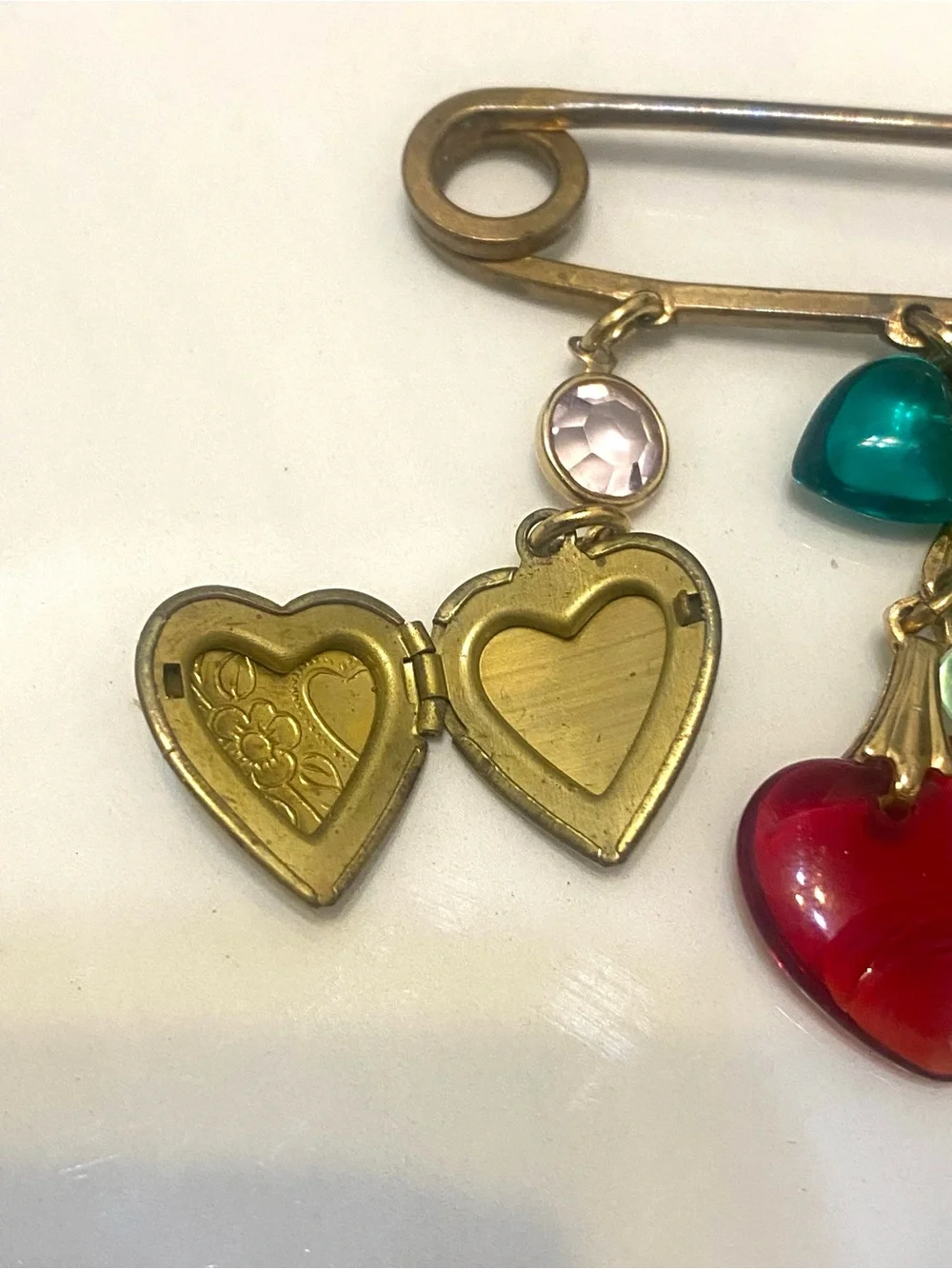Vintage Glass Heart Multi Color Safety Pin Charm Brooch